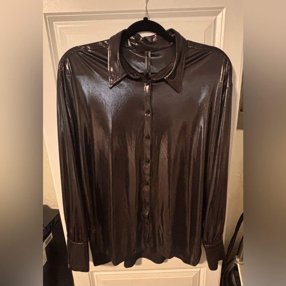 Anthropologie Sheer Metallic Button Down Blouse Black Shiny Size M